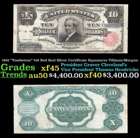 1891 Tillman/Morgan $10 Red Seal Silver Certificate Grades xf+