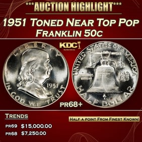1951 Proof Franklin Half Dollar Toned Near Top Pop 50c pr68+ SEGS