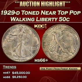 1929-d Walking Liberty Half Dollar Toned Near Top Pop 50c ms66+ SEGS