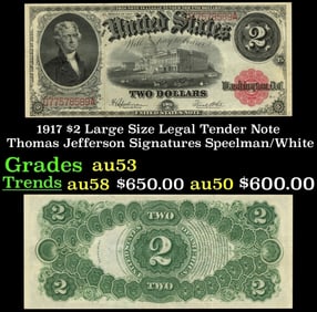 1917 $2 Large Size Legal Tender Note Thomas Jefferson Grades Select AU Signatures Speelman/White
