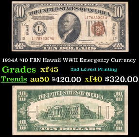 1934A $10 FRN Hawaii WWII Emergency Currency Grades xf+