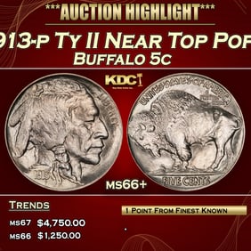 1913-p Ty II Buffalo Nickel Near Top Pop! 5c ms66+ SEGS