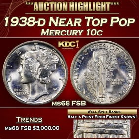 1938-d Mercury Dime Near Top Pop 10c ms68 FSB SEGS