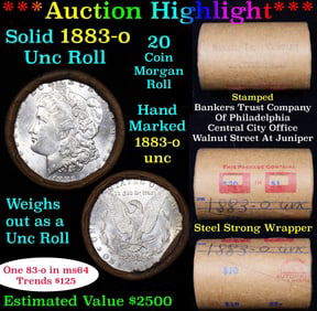 Full solid date 1883-o Uncirculated Morgan silver dollar roll, 20 coins