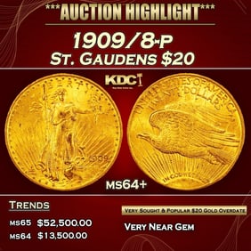 1909/8-p Gold St. Gaudens Double Eagle $20 ms64+ SEGS