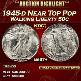 1945-d Walking Liberty Half Dollar Near Top Pop 50c ms67+ SEGS