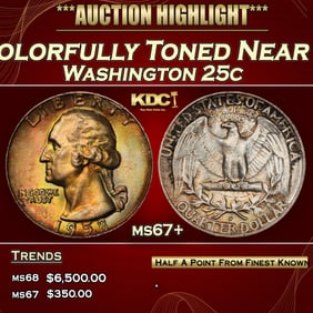 1958-d Washington Quarter Colorfully Toned Near Top Pop 25c ms67+ SEGS