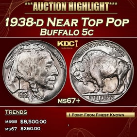 1938-d Buffalo Nickel Near Top Pop 5c ms67+ SEGS
