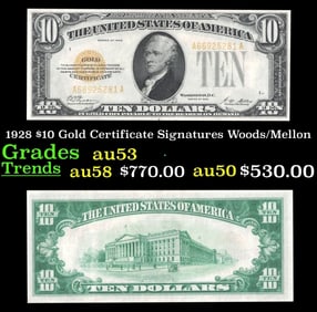 1928 $10 Gold Certificate Grades Select AU