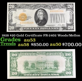 1928 $20 Gold Certificate Grades Select AU