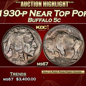 1930-p Buffalo Nickel Near Top Pop 5c ms67 SEGS