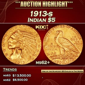 1913-s Gold Indian Half Eagle $5 ms62+ USCG