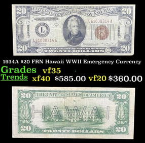 1934A $20 FRN Hawaii WWII Emergency Currency Grades vf++