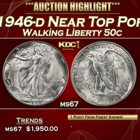 1946-d Walking Liberty Half Dollar Near Top Pop 50c ms67 SEGS
