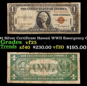 1935A $1 Silver Certificate Hawaii WWII Emergency Currency Grades vf+