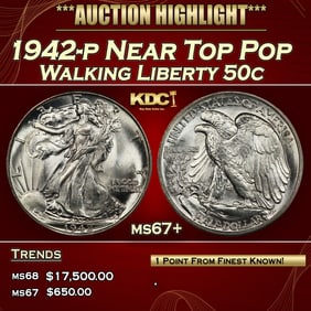 1942-p Walking Liberty Half Dollar Near Top Pop 50c ms67+ SEGS