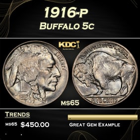 1916-p Buffalo Nickel 5c Grades ms65