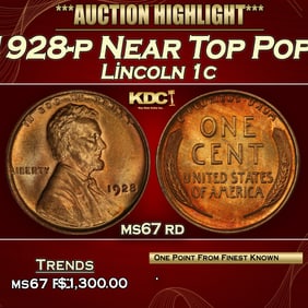 1928-p Lincoln Cent Near Top Pop! 1c ms67 rd SEGS