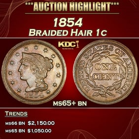 1854 Braided Hair Large Cent 1c ms65+ bn SEGS