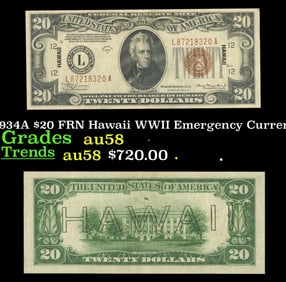 1934A $20 FRN Hawaii WWII Emergency Currency Grades Choice AU/BU Slider