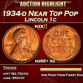 1934-d Lincoln Cent Near Top Pop 1c ms66+ rd SEGS