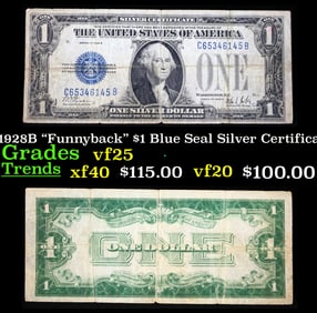 1928B $1 Blue Seal Silver Certificate "Funnyback" Grades vf+