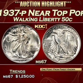 1937-p Walking Liberty Half Dollar Near Top Pop 50c ms67 SEGS