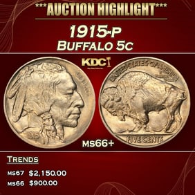 1915-p Buffalo Nickel 5c ms66+ SEGS