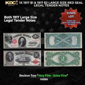1x 1917 $1 & 1917 $2 Large Size Red Seal Legal Tender Notes Grades VF/XF