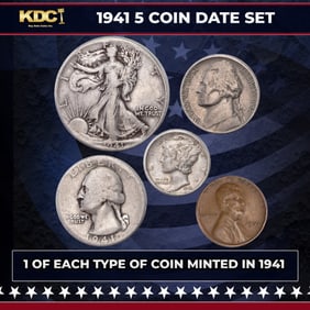 1941 WWII 5 Coin Date Set, 1 Of Each Type Of Coin Minted in 1941