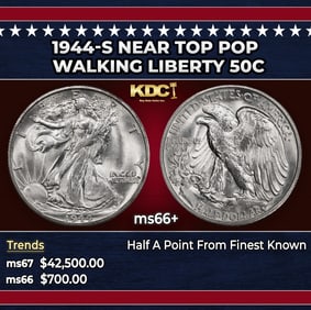 1944-s Walking Liberty Half Dollar Near Top Pop 50c ms66+ SEGS