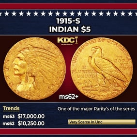 1915-s Gold Indian Half Eagle $5 ms62+ USCG