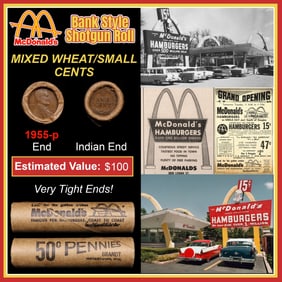 Lincoln Wheat Cent 1c Mixed Roll Orig Brandt McDonalds Wrapper, 1955-p end, Indian other end