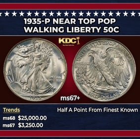 1935-p Walking Liberty Half Dollar Near Top Pop 50c ms67+ SEGS