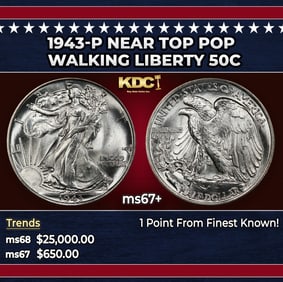 1943-p Walking Liberty Half Dollar Near Top Pop 50c ms67+ SEGS