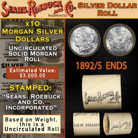 10 Coin SEARS UNC Morgan Silver Dollar $1 Roll 1892/'S' Rev Ends