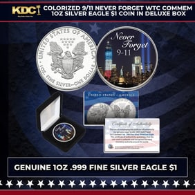 Colorized 9/11 Never Forget WTC Commem 1oz Silver Eagle $1 Coin in Deluxe Box Other Toy