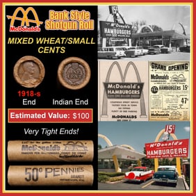 Lincoln Wheat Cent 1c Mixed Roll Orig Brandt McDonalds Wrapper, 1918-s end, Indian other end