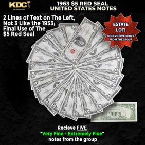 5x 1963 $5 Red Seal United States Note Grades VF/XF