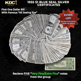 5x 1935 $1 Blue Seal Silver Certificates Grades VF/XF