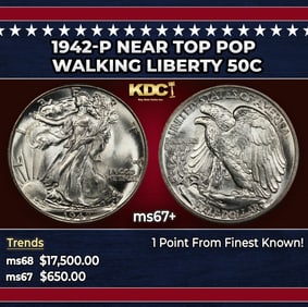 1942-p Walking Liberty Half Dollar Near Top Pop 50c ms67+ SEGS