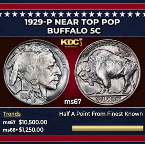 1929-p Buffalo Nickel Near Top Pop 5c ms67 SEGS