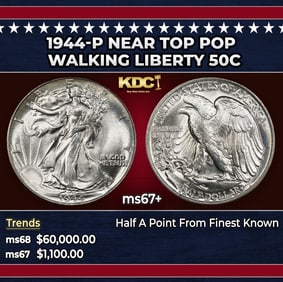 1944-p Walking Liberty Half Dollar Near Top Pop 50c ms67+ SEGS