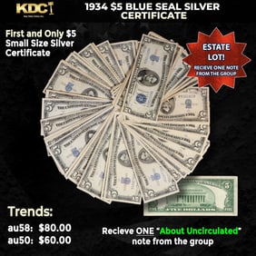1x 1934 $5 Blue Seal Silver Certificate Grades AU/CU