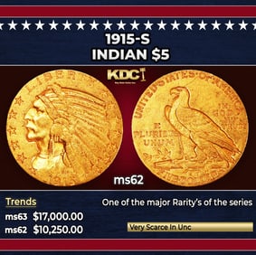 1915-s Gold Indian Half Eagle $5 ms62 USCG