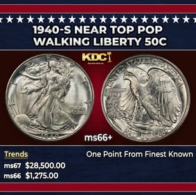 1940-s Walking Liberty Half Dollar Near Top Pop 50c ms66+ SEGS