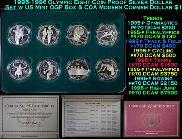 1995-1996 Olympic Eight-Coin Proof Silver Dollar Set w US Mint OGP Box & COA Modern Commem Dollar $1