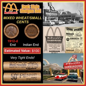 Lincoln Wheat Cent 1c Mixed Roll Orig Brandt McDonalds Wrapper, 1912-d end, Indian other end