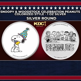 Snoopy & Woodstock Celebration Peanuts Colorized Style - 1 oz Silver Round Round