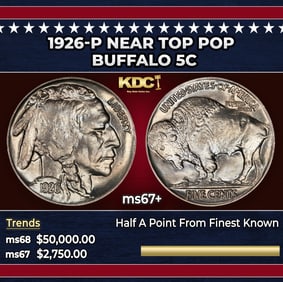1926-p Buffalo Nickel Near Top Pop 5c ms67+ SEGS
